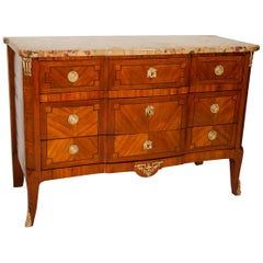French Gilt Bronze Mounted Marquette Kingwood Commode with Marble Top, circa 177