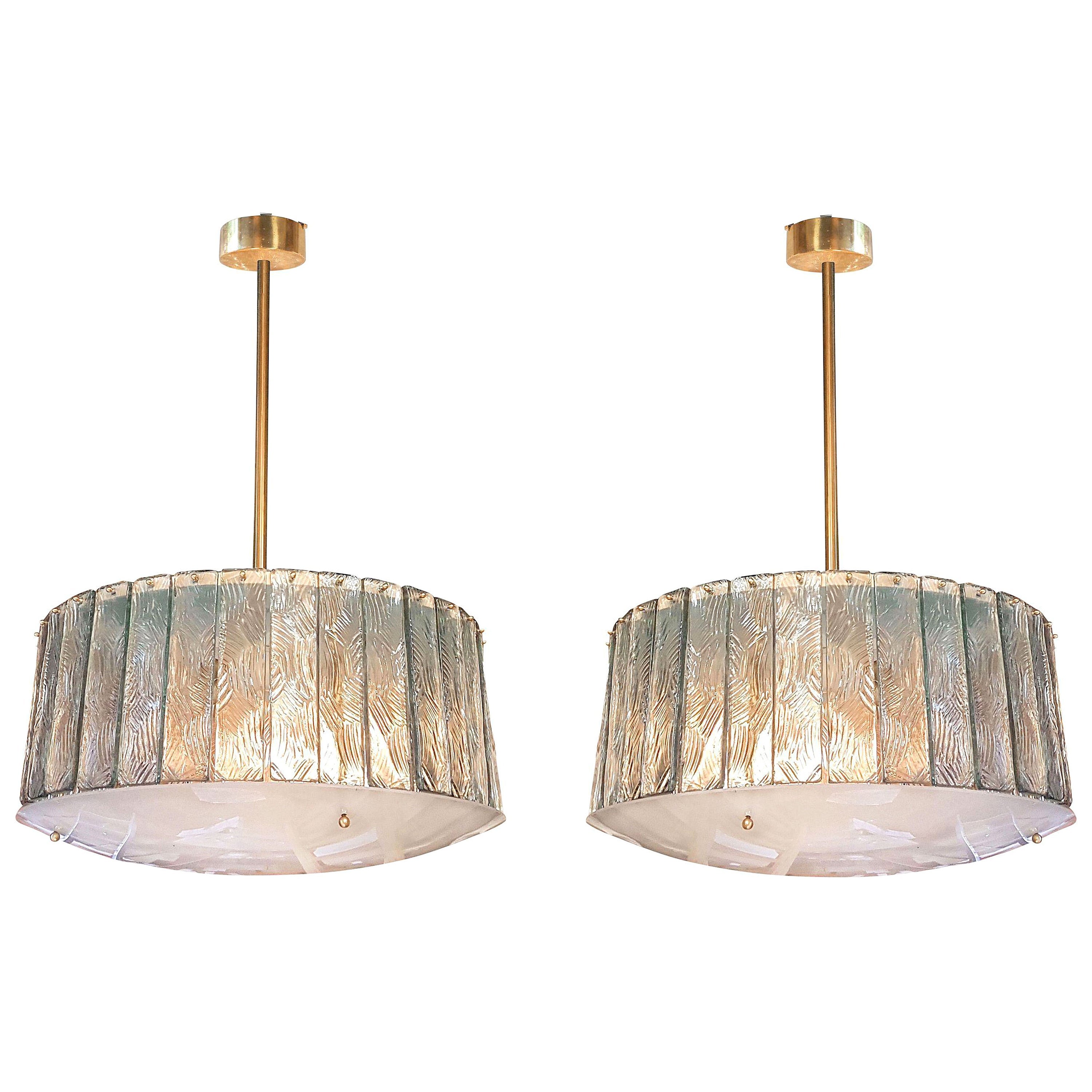 2 Mid-Century Modern Light Green Glass & Brass Drum Chandeliers Gio Ponti Style