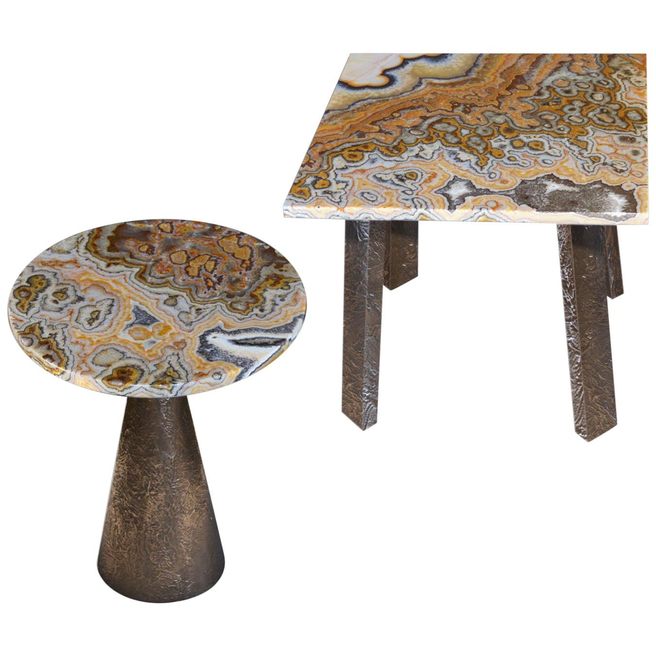 Modern  Onyx Coffee Side Tables handmade Bronze Metal Texturized Base
