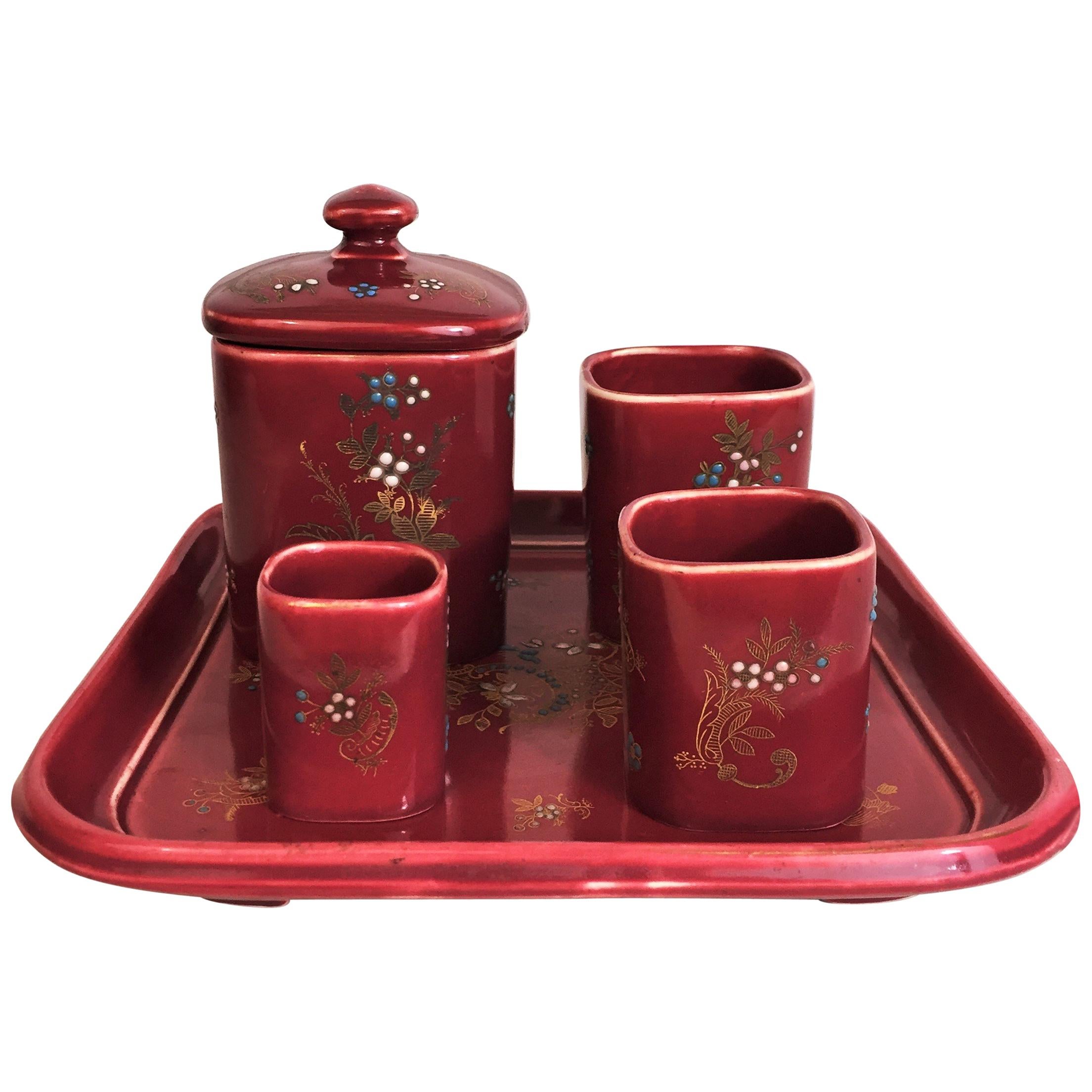French Smoker Set in Red Glazed Earthenware 19th Napoleon III, De Bruyn Fives For Sale