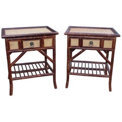 Vintage 1980s Pair of Spanish Bamboo and Wicker Side Tables