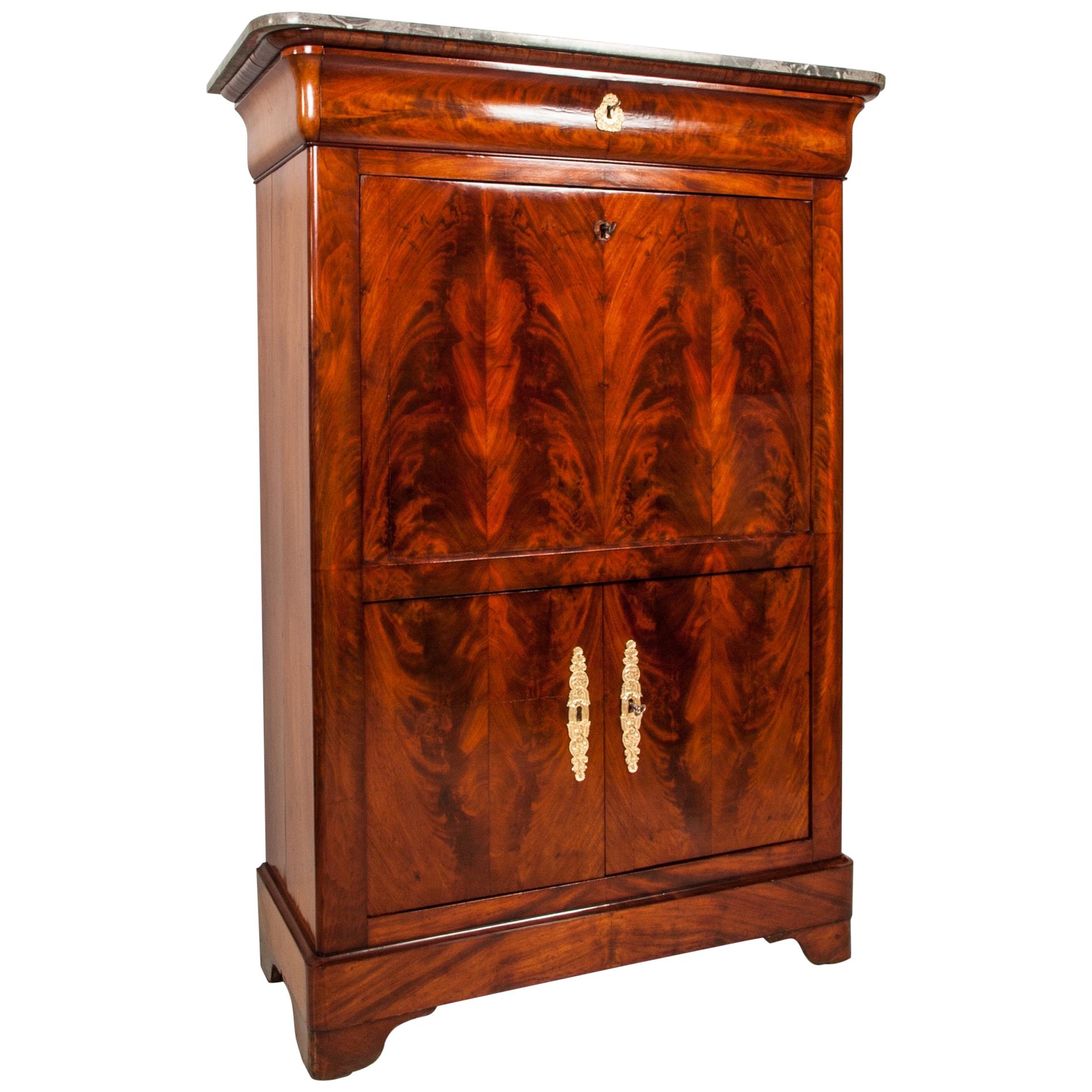 Early 19th Century Louis Phillipe Mahogany Secretary a Abattant with Marble Top For Sale