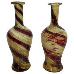 Pair of 19th Century Beige and Red Triflor Vases in the Style of Murano