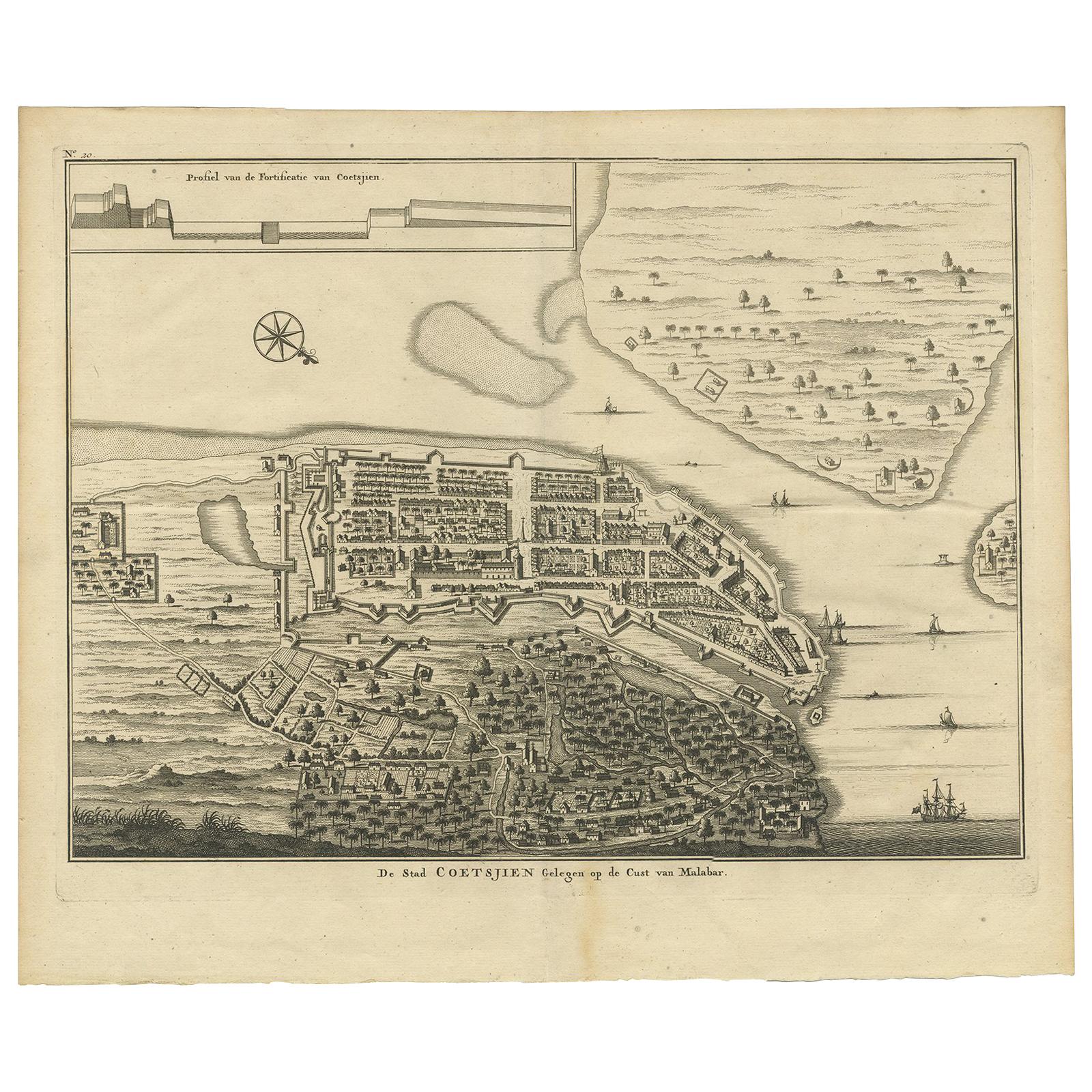 Antiker antiker Druck von Kochi „India“ von Valentijn „1726“