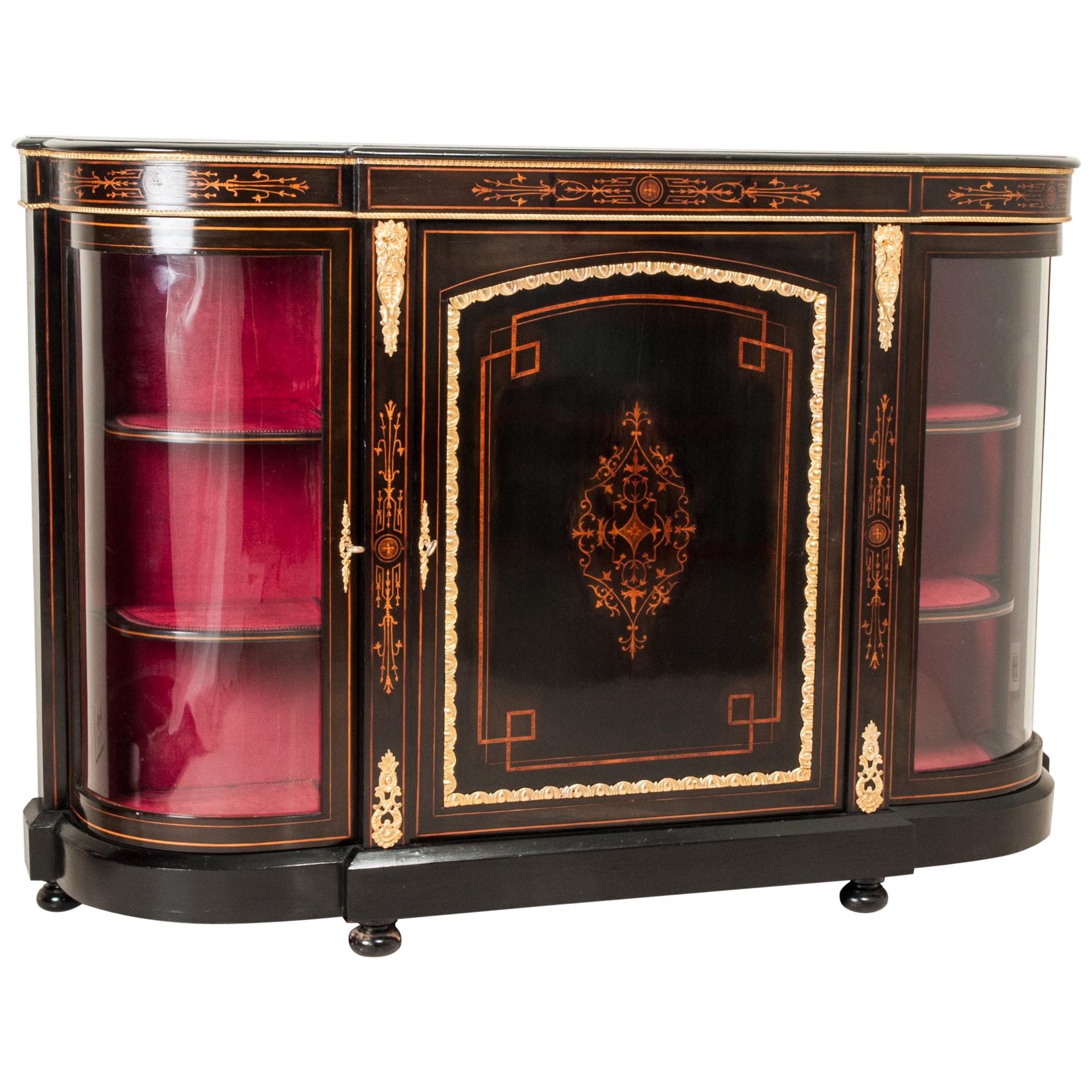 Late 19th Century French Napoleon III Ebonized Inlay Wood Sideboard Cabinet For Sale