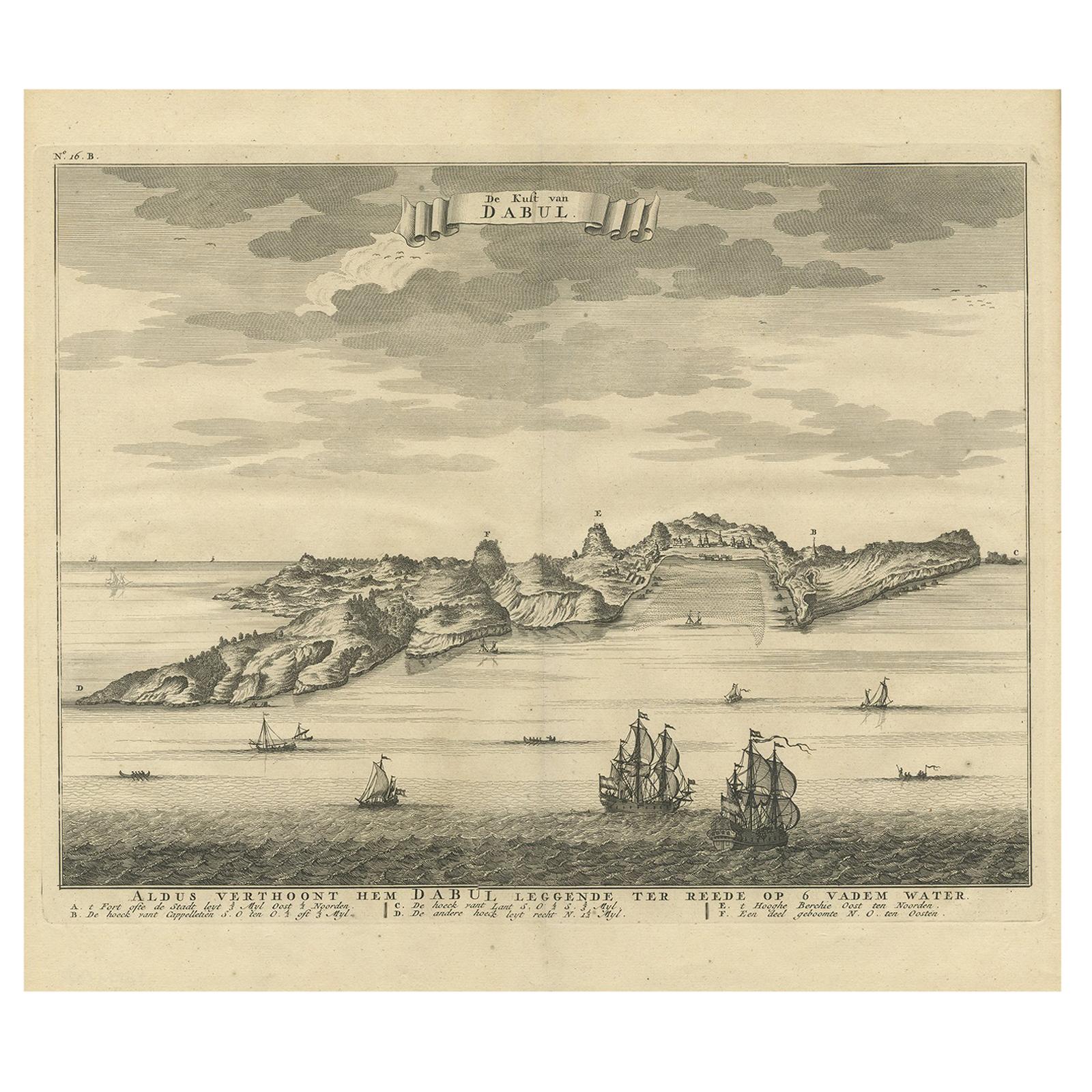 Impression ancienne de la côte de Dabhol 'Inde', 1726