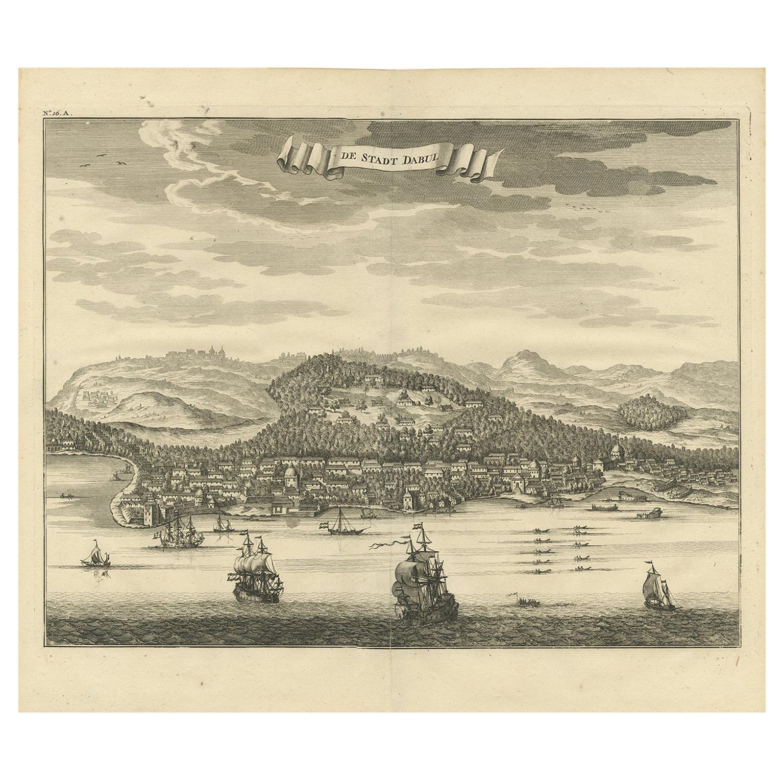 Antiker antiker Druck der Stadt Dabhol „India“ von Valentijn „1726“
