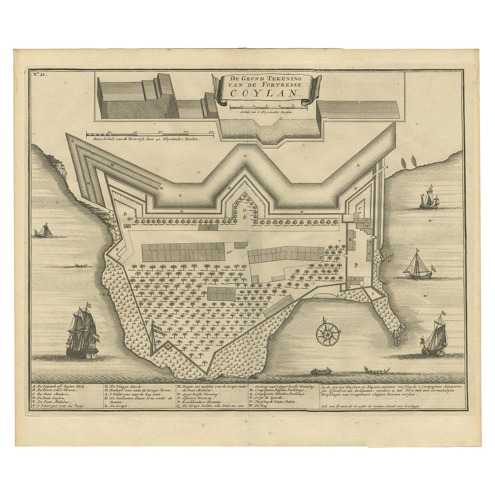 Antiker antiker Druck des Forts in Kollam, Indien, von Valentijn, 1726