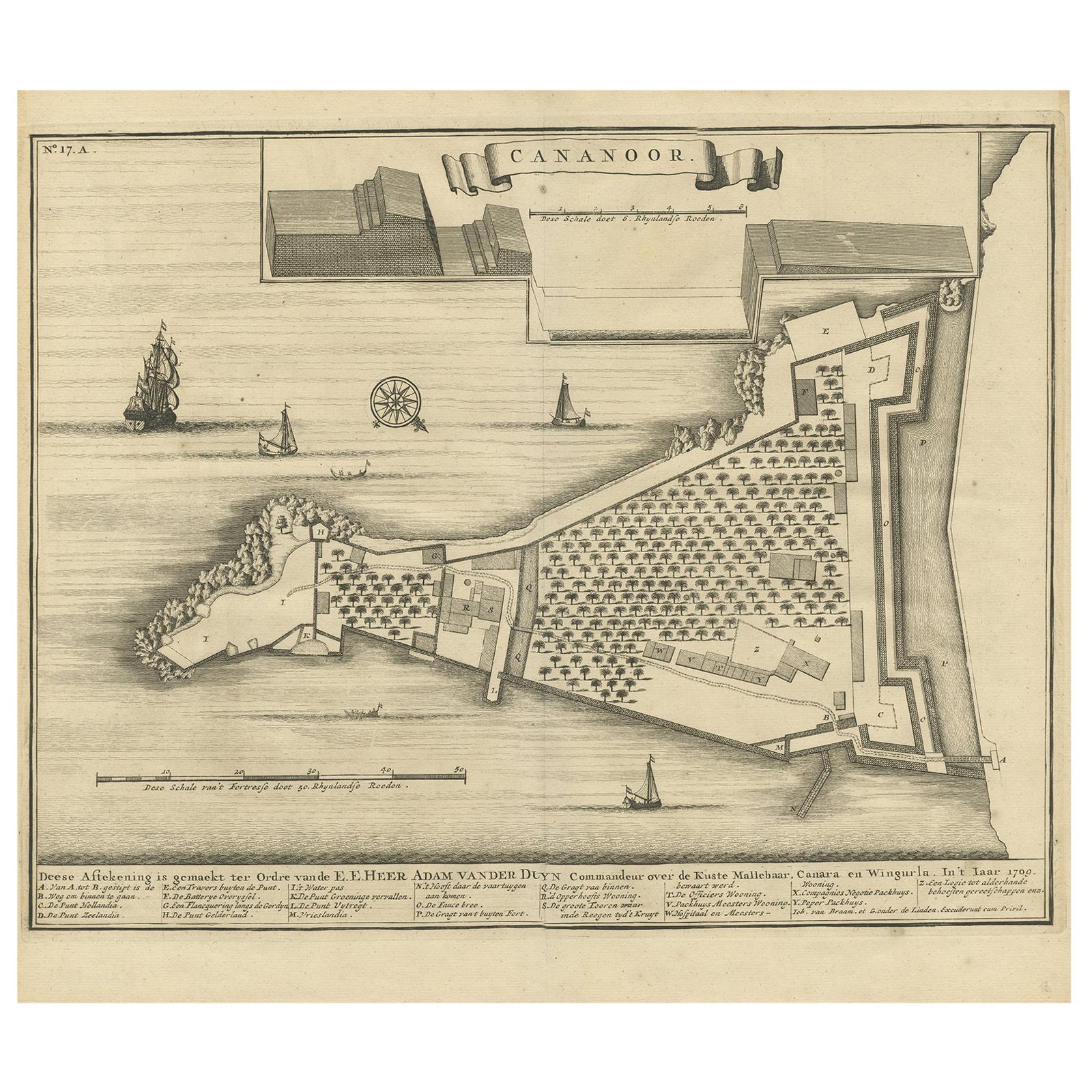 Antiker antiker Druck von Cananore „India“ von Valentijn „1726“