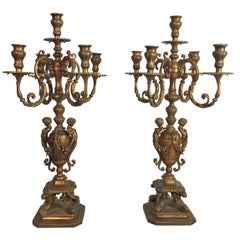 Pair of Louis XIV Baroque Style Guilt Candelabra with Five Arms of Light