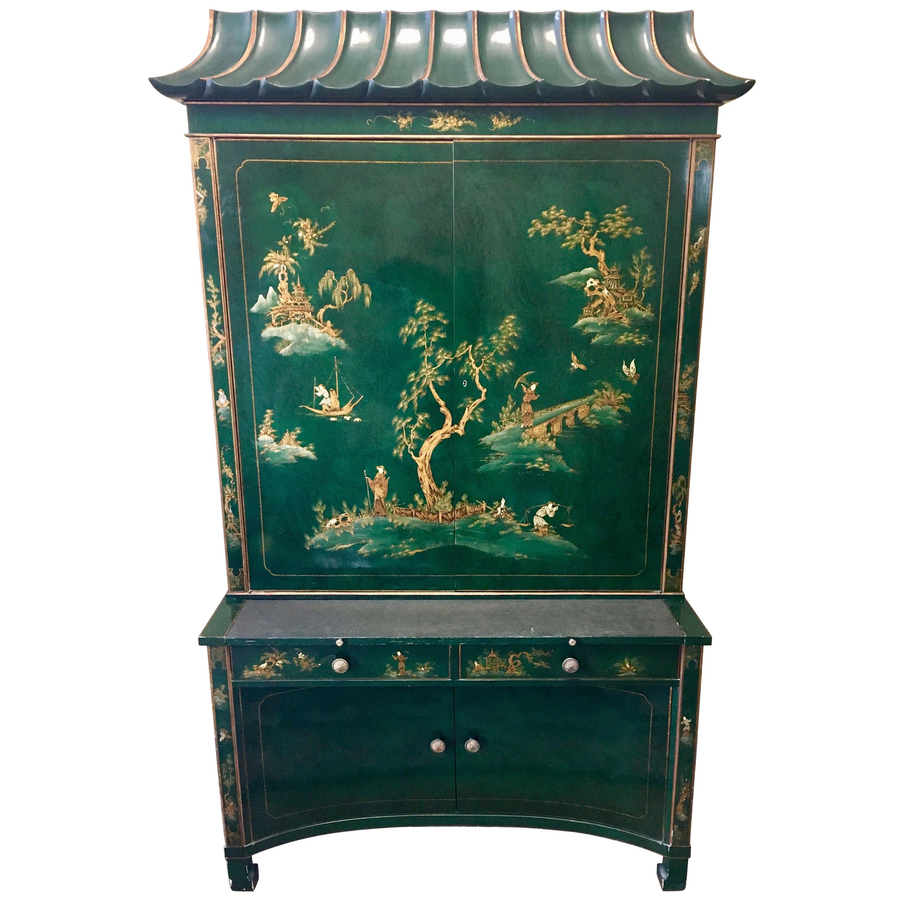 Emerald Green Lacquer Hand Painted Chinoiserie Secretary Desk China Cabinet