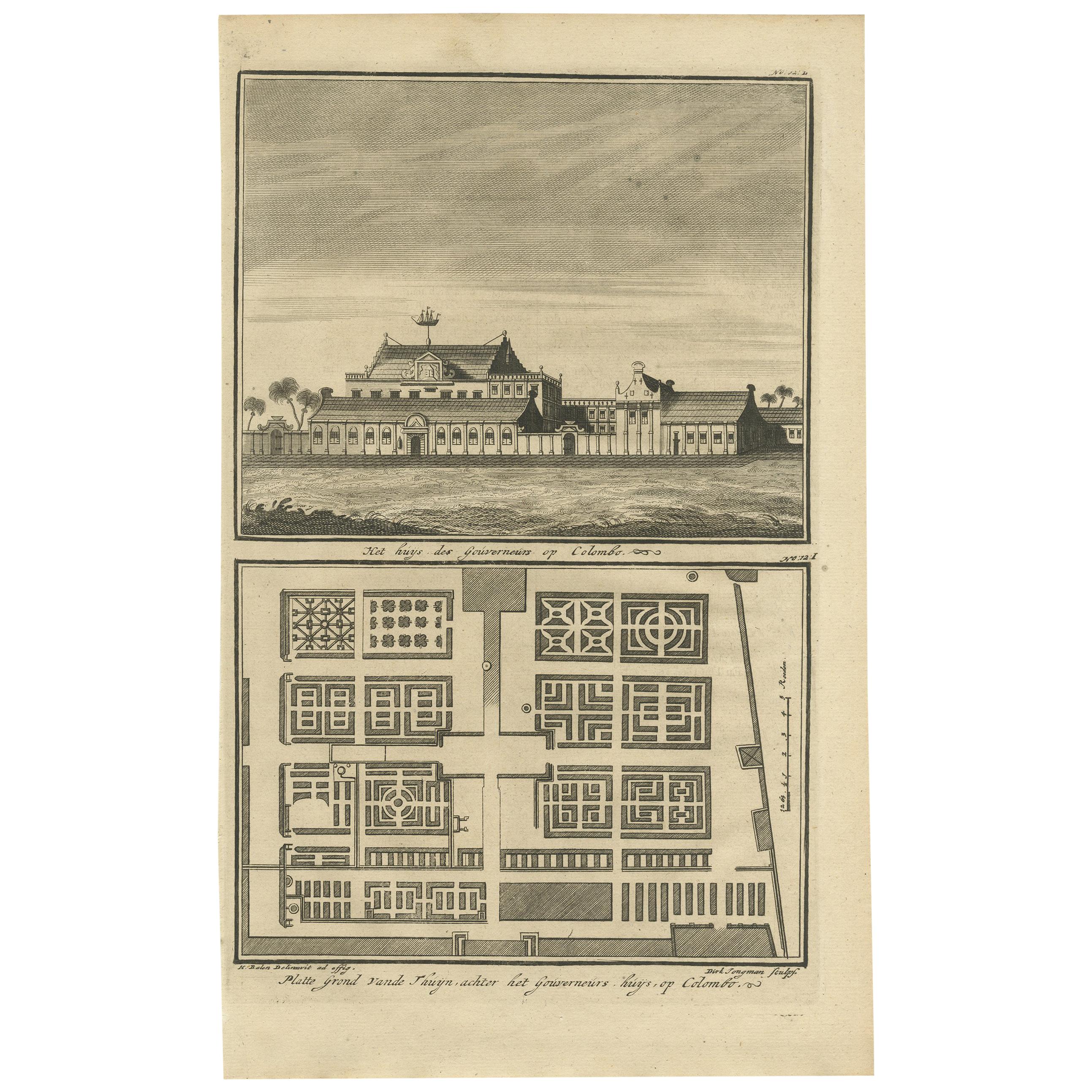 Antiker Druck des Gouverneurshauses in Colombo von Valentijn, 1726 im Angebot