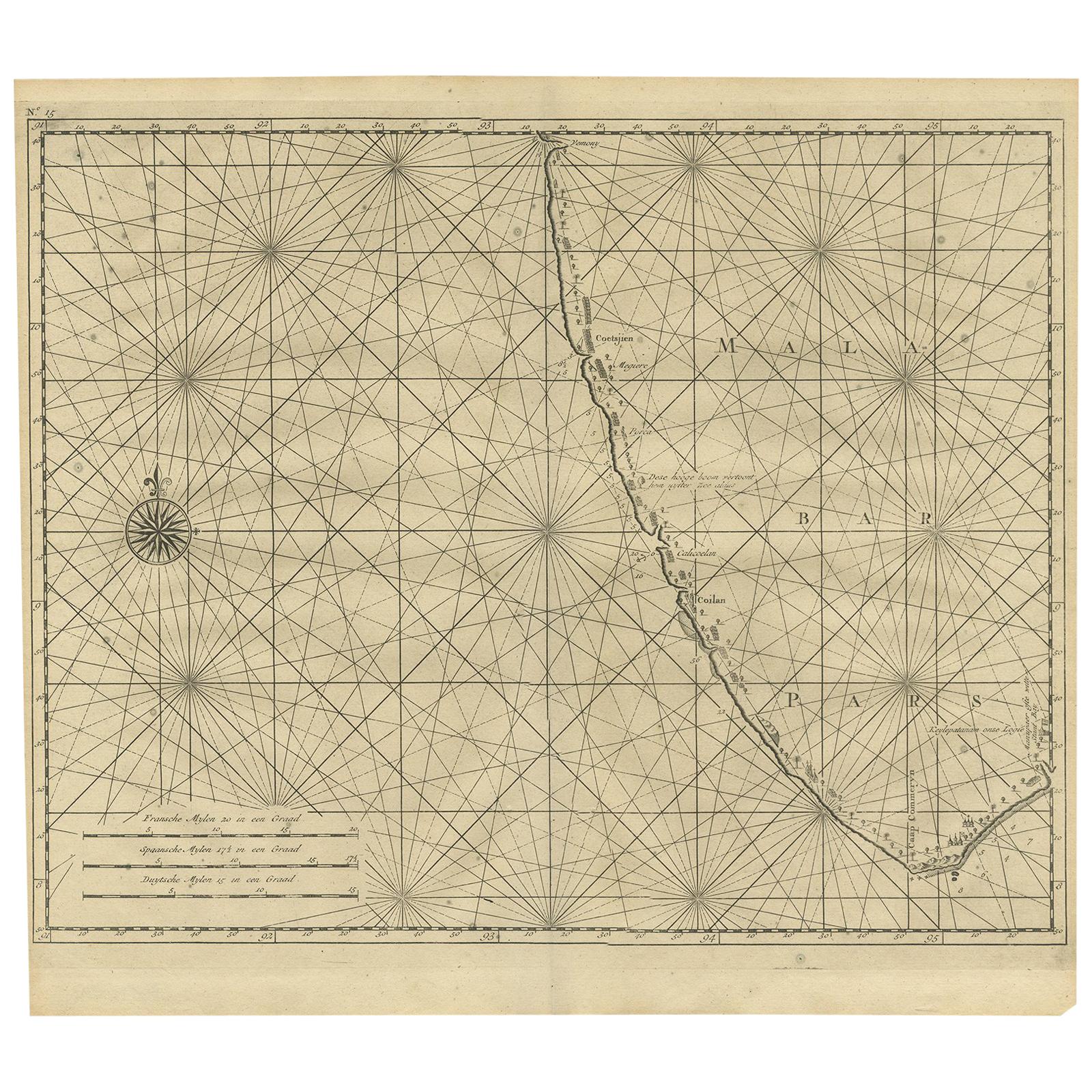 Carte ancienne de la côte de Malabar par Valentijn, 1726 en vente