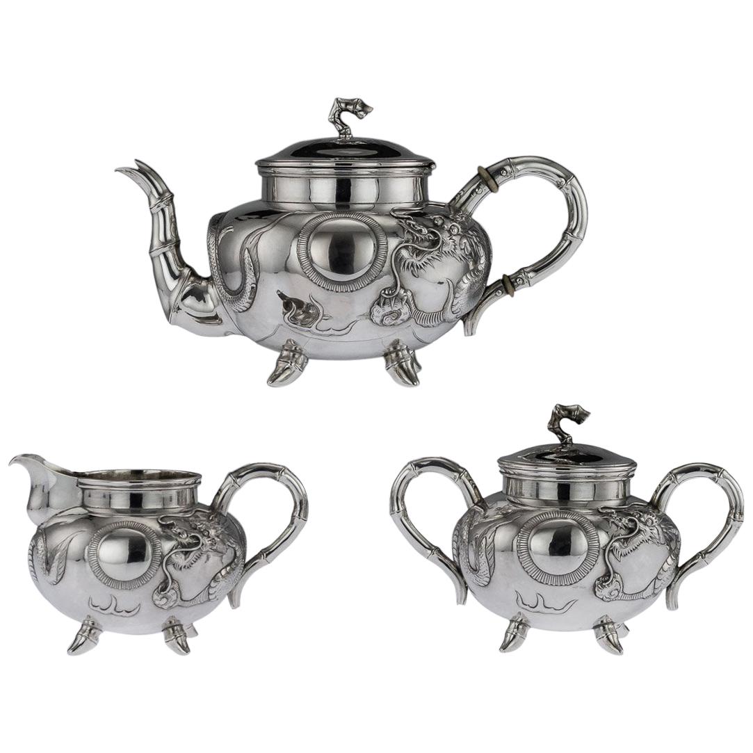 Antique Chinese Export Solid Silver Dragon Tea Set, Kwan Wo, circa 1900