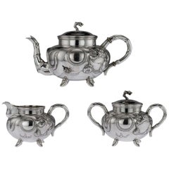 Vintage Chinese Export Solid Silver Dragon Tea Set, Kwan Wo, circa 1900