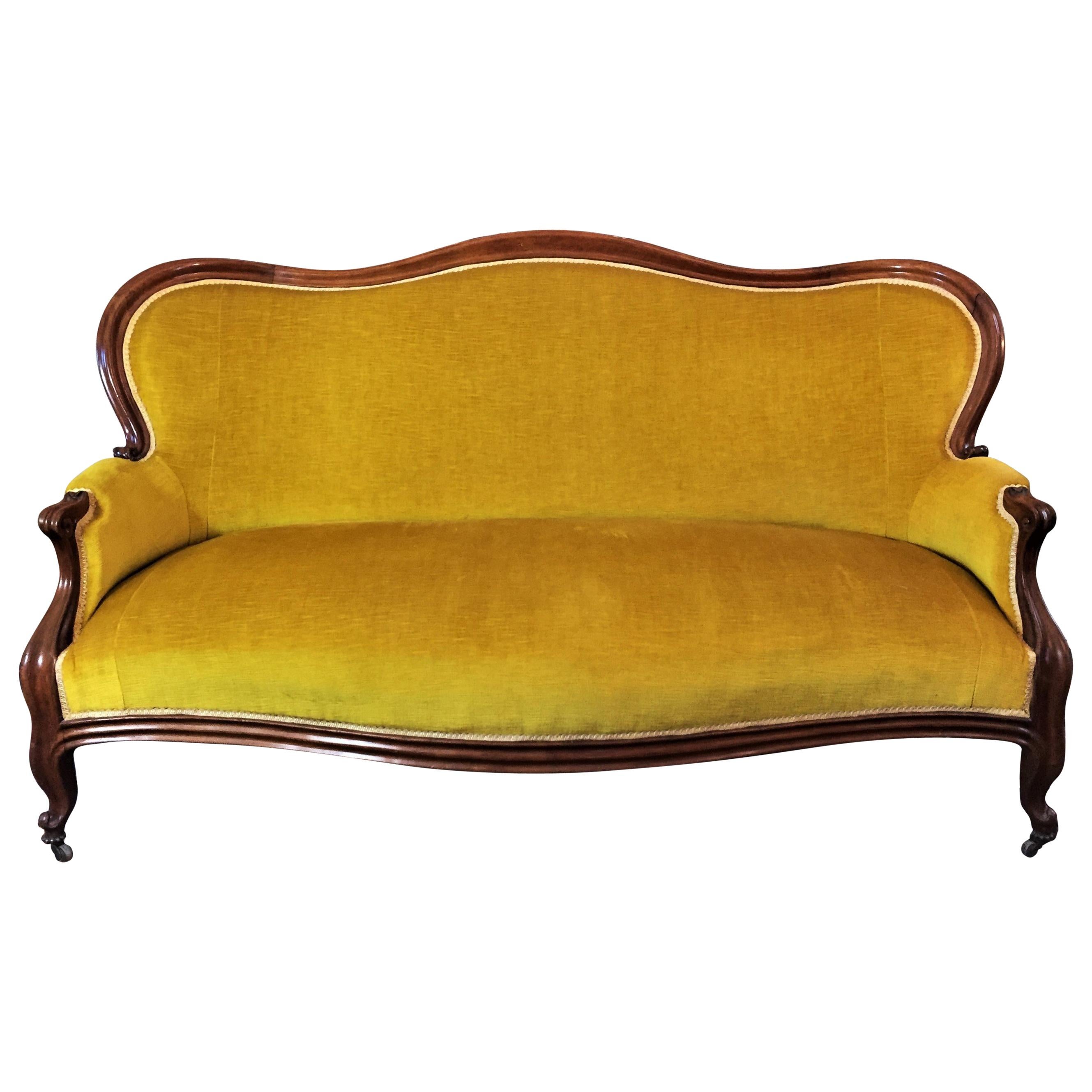 Louis XV Style Bench Mahogany and Yellow Velvet Louis-Philippe Period circa 1840