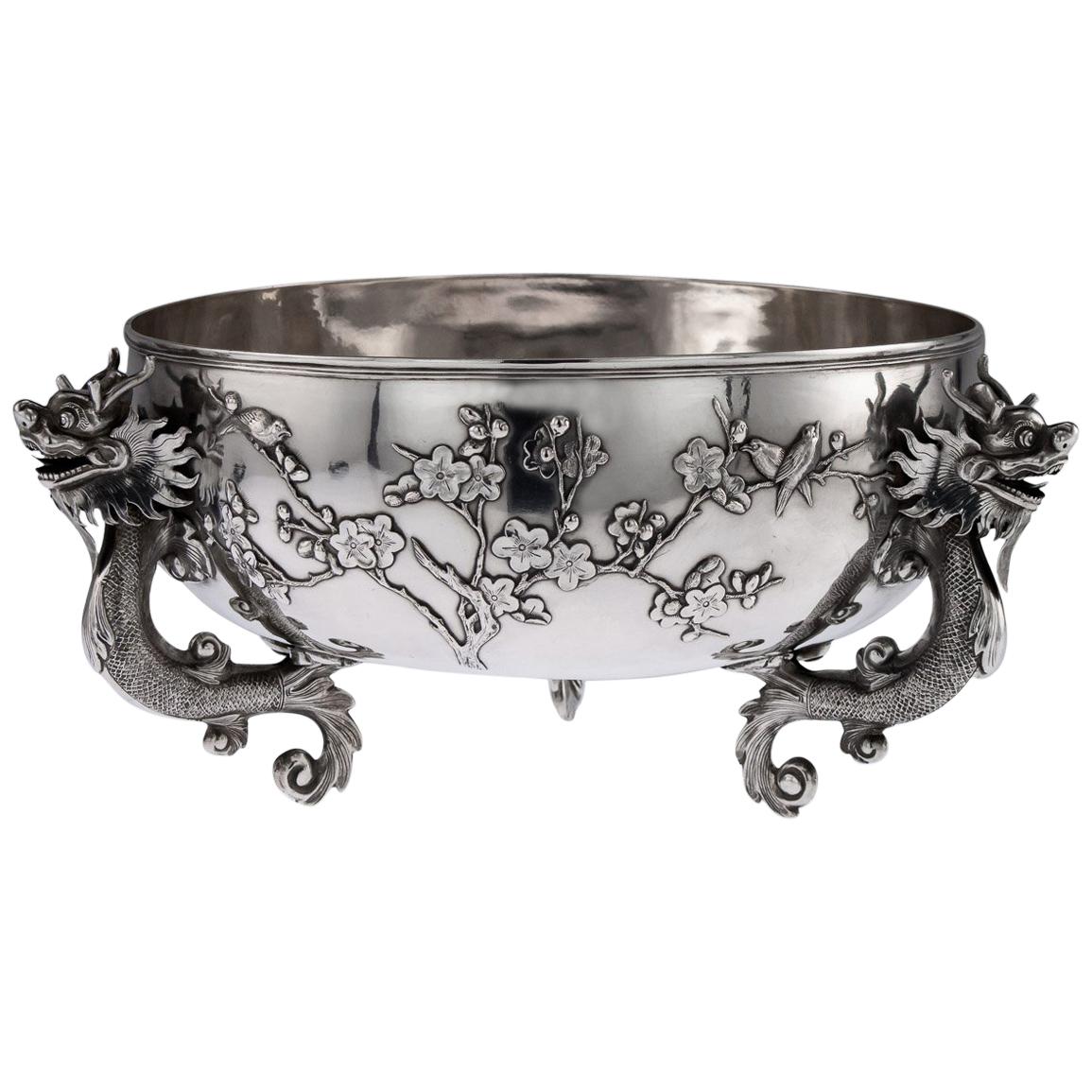 Antique Chinese Export Solid Silver Dragon Bowl, Luen Wo, circa 1890