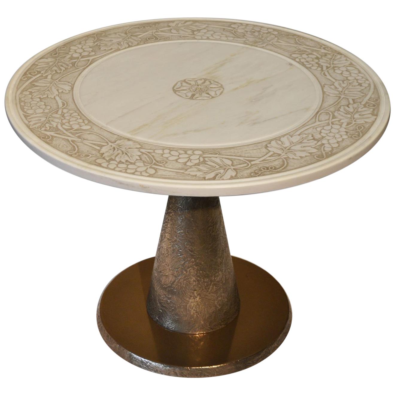 Round White Marble Coffee Side Table Bronze liquid Metal Base bas-relief decor