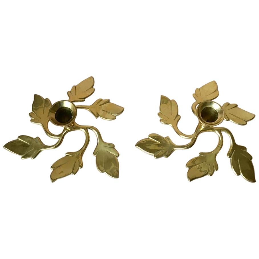 Pair of Two Vintage Swedish Brass Leaves Candleholders, 1970s For Sale