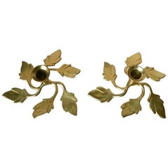 Pair of Two Vintage Swedish Brass Leaves Candleholders, 1970s