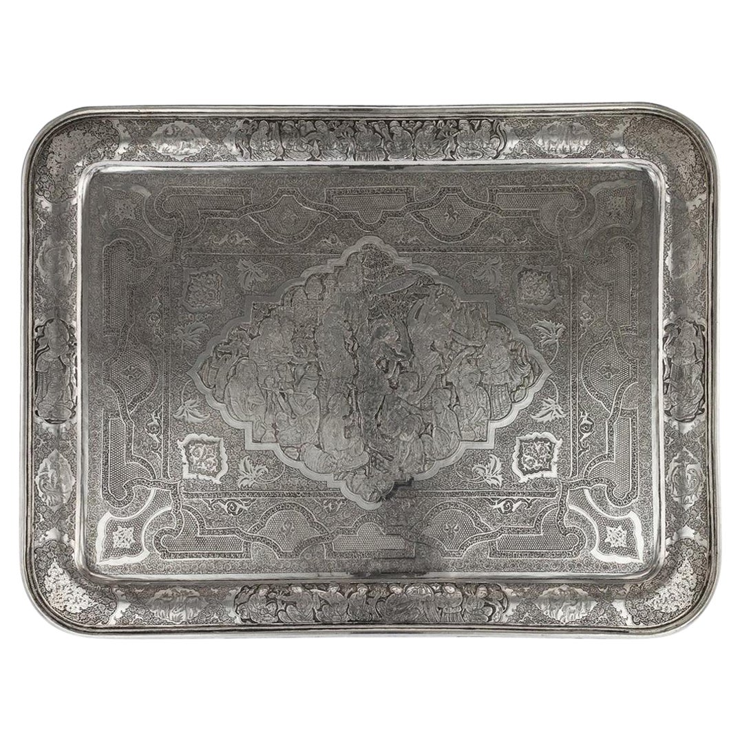Antike persische Wandtafel / Tablett aus massivem Silber:: Vafadar:: um 1930