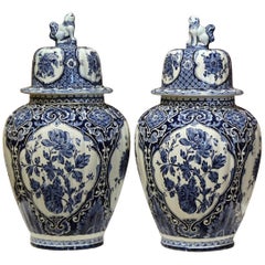 Vintage Pair of Mid-20th Century Dutch Blue and White Royal Maastricht Delft Ginger Jars