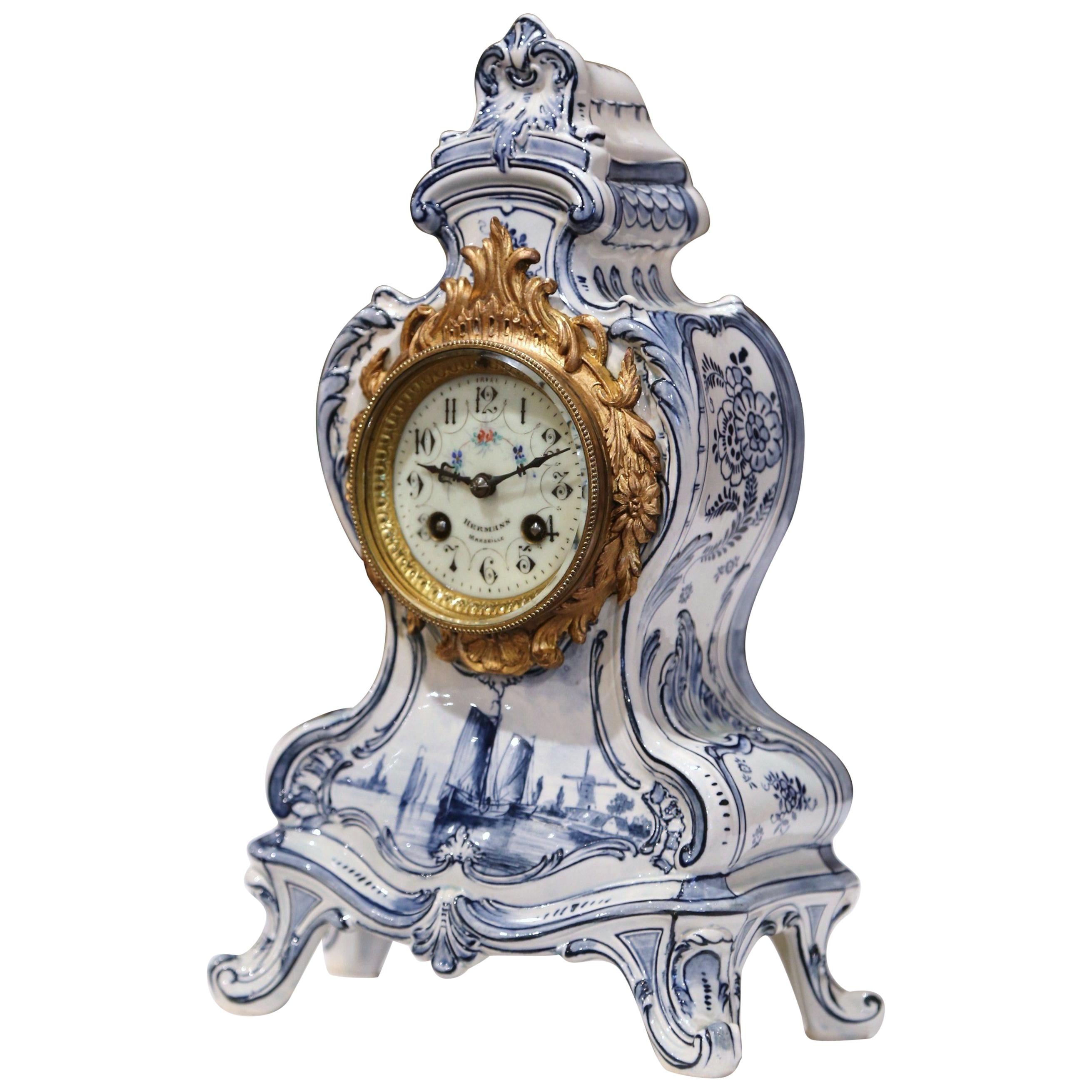 Mid-19th Century French Hand-Painted Blue and White Faience Mantel Clock