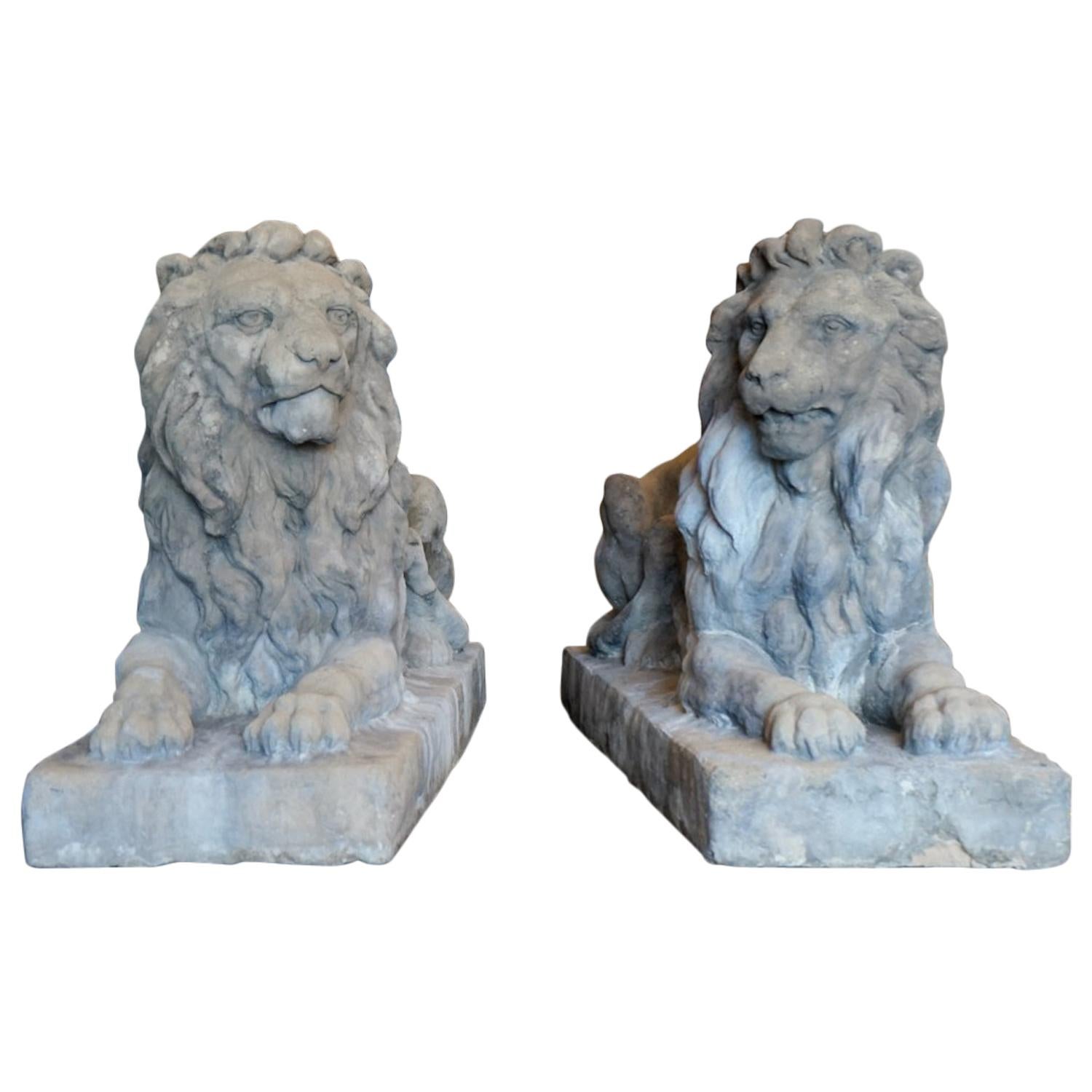 Pair of 18th Century Limestone Lions