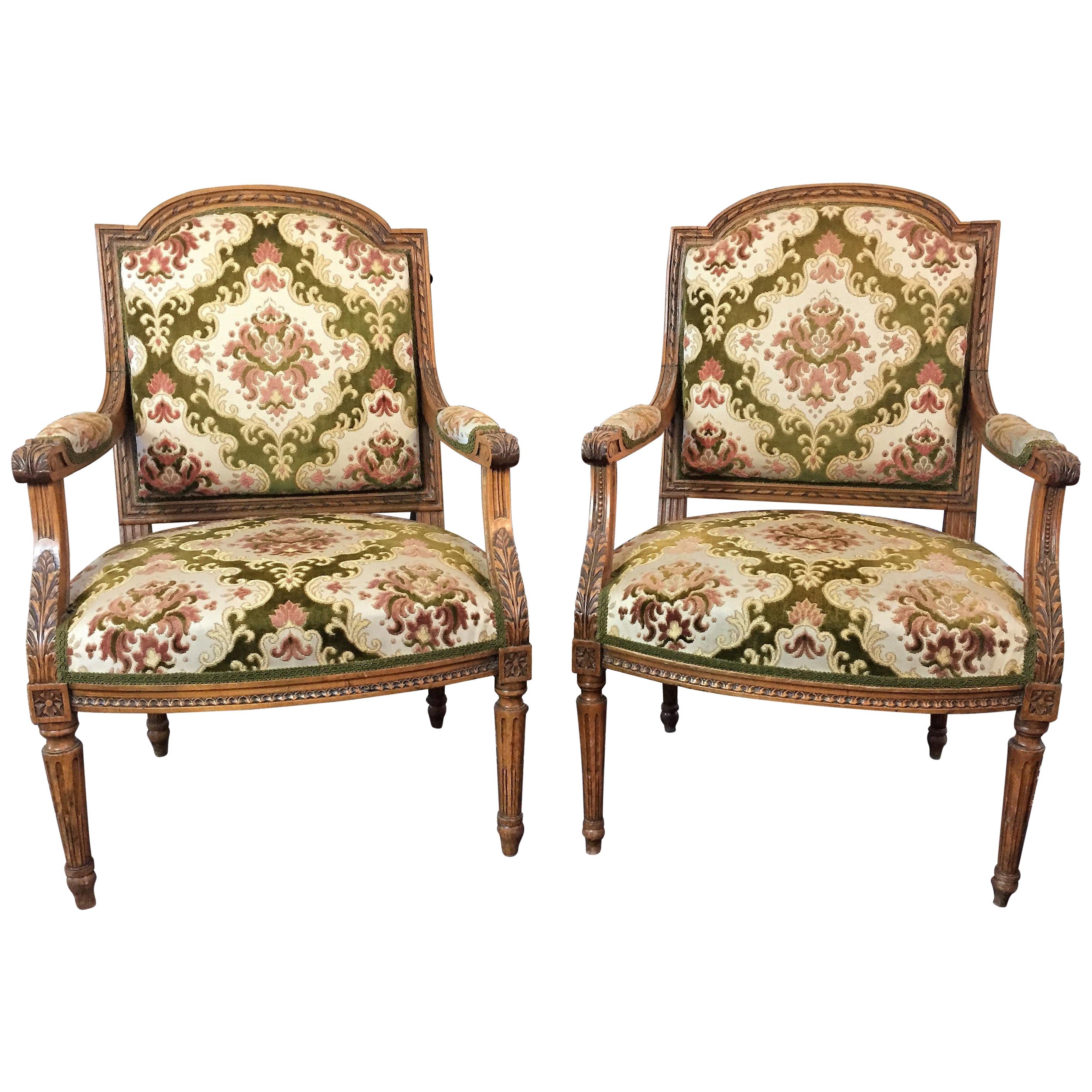 Pair of Louis XVI Style Beech Armchairs in Green and Pink Fabric, circa 1880
