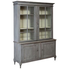 Large Antique 19th Century Swedish Glass Front Bookcase Painted Gray