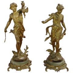 19th Century French Pair of Sculptures in Gilded Bronze, Hunter and the Dancer