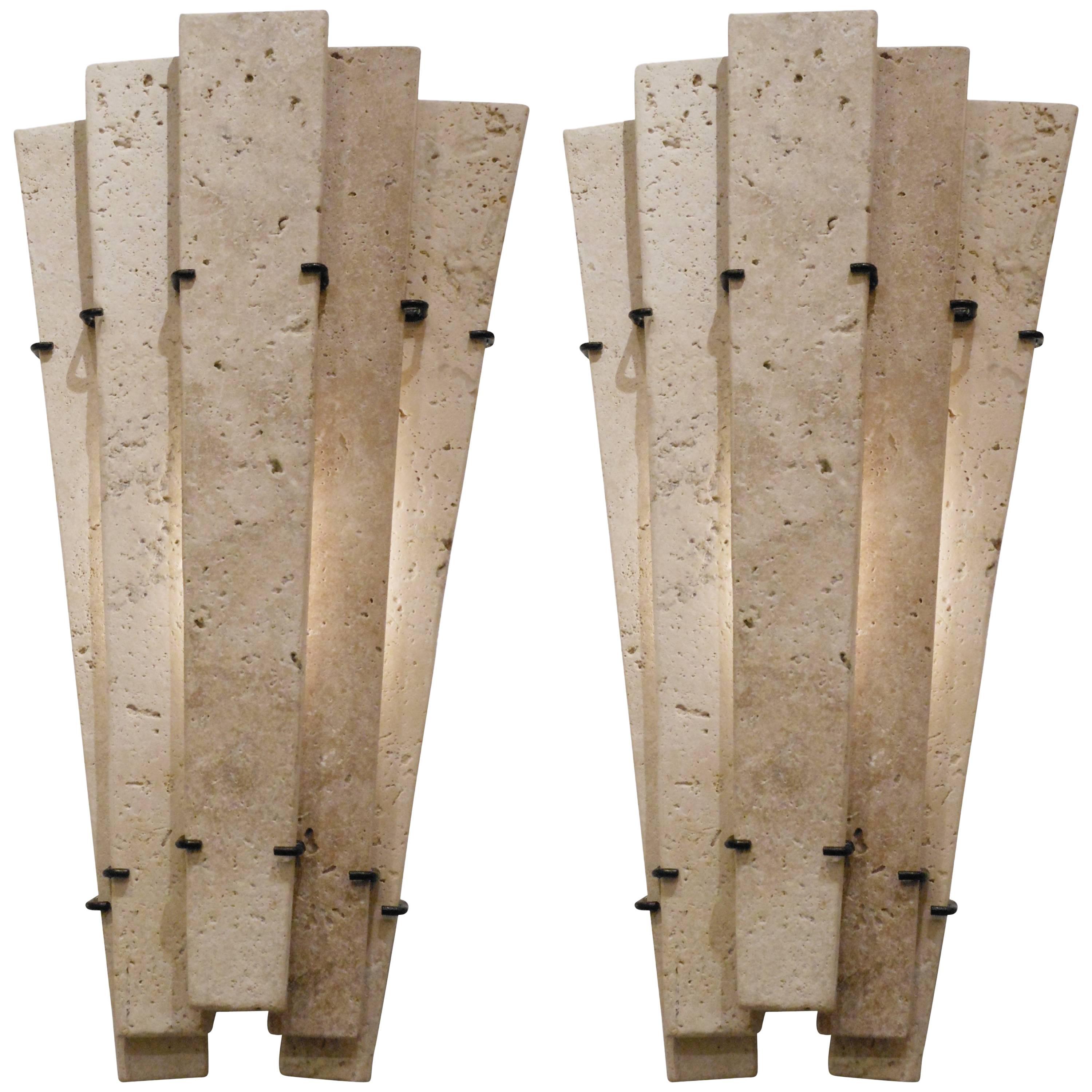 Pair of Large French Modern Travertine Sconces For Sale
