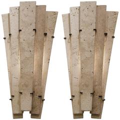 Pair of Large French Modern Travertine Sconces