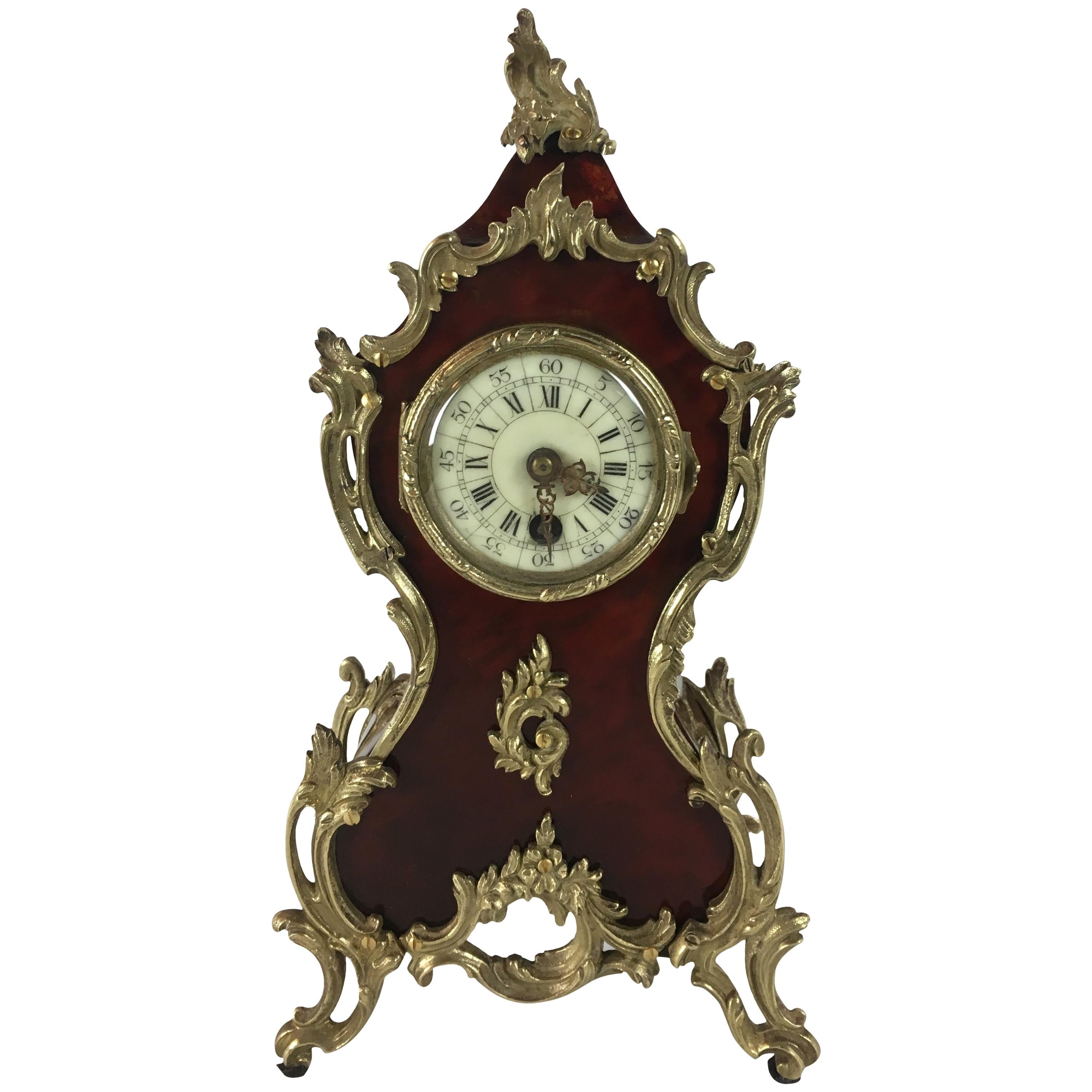 19th Century French Mantel Desk Clock Ormolu Mounts, Boulle Style For Sale