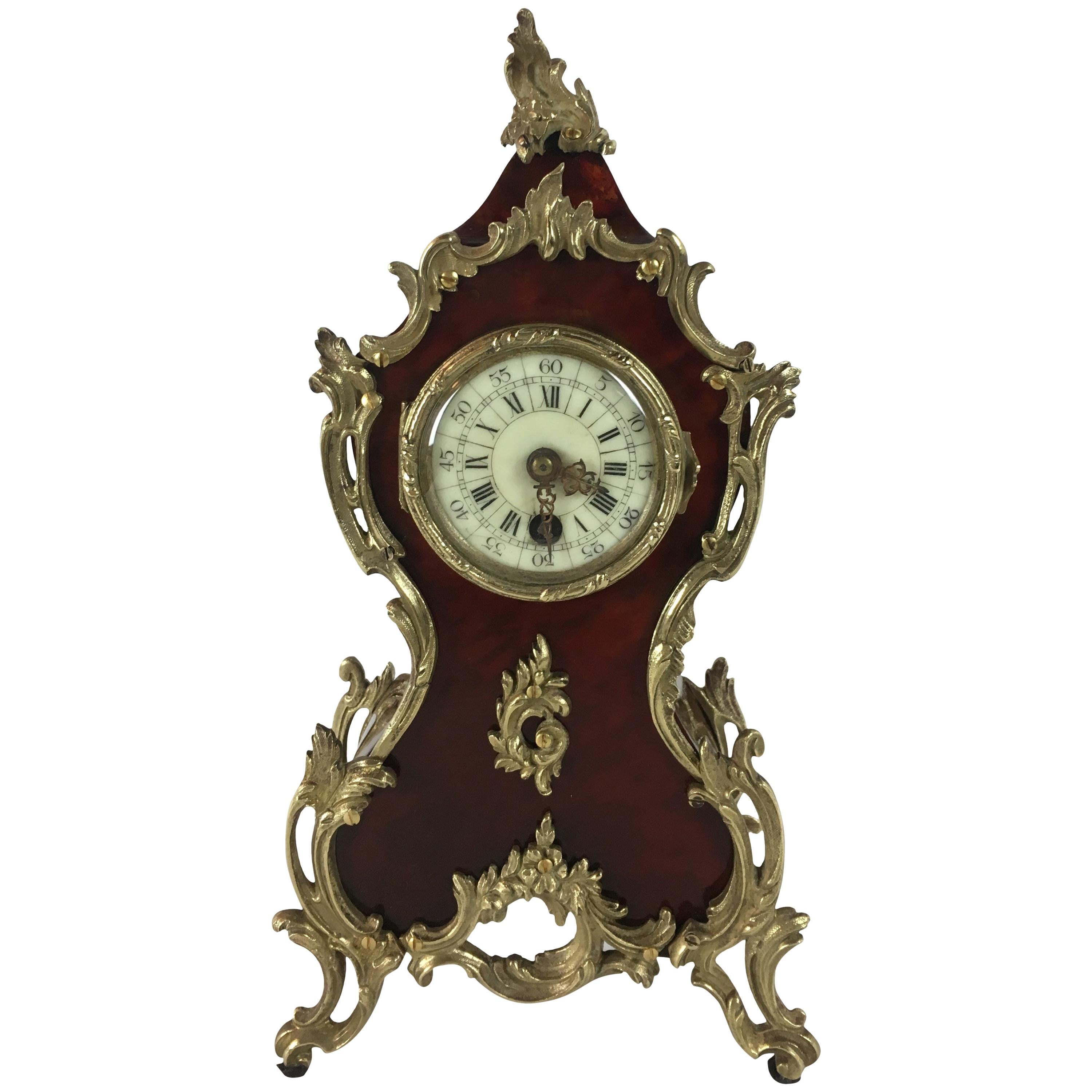 19th Century French Cartel Mantel Desk Clock Ormolu Mounts, Boulle Style For Sale