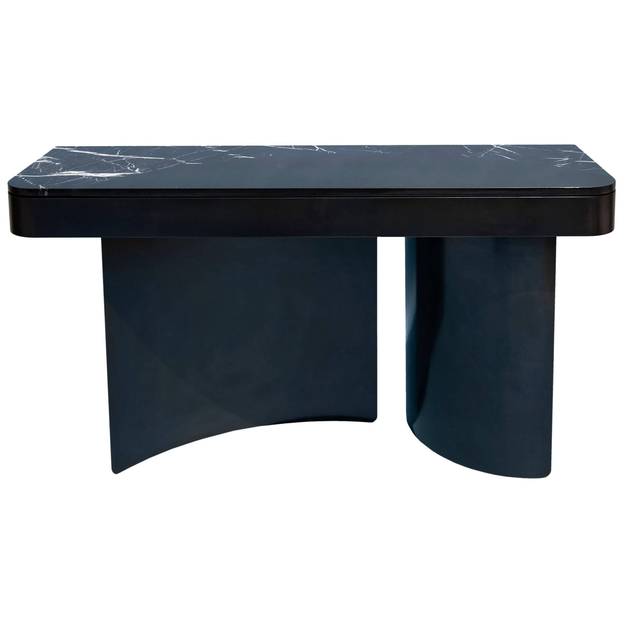 Large Crescent Console in Contemporary Blackened Steel with Black Marble Top