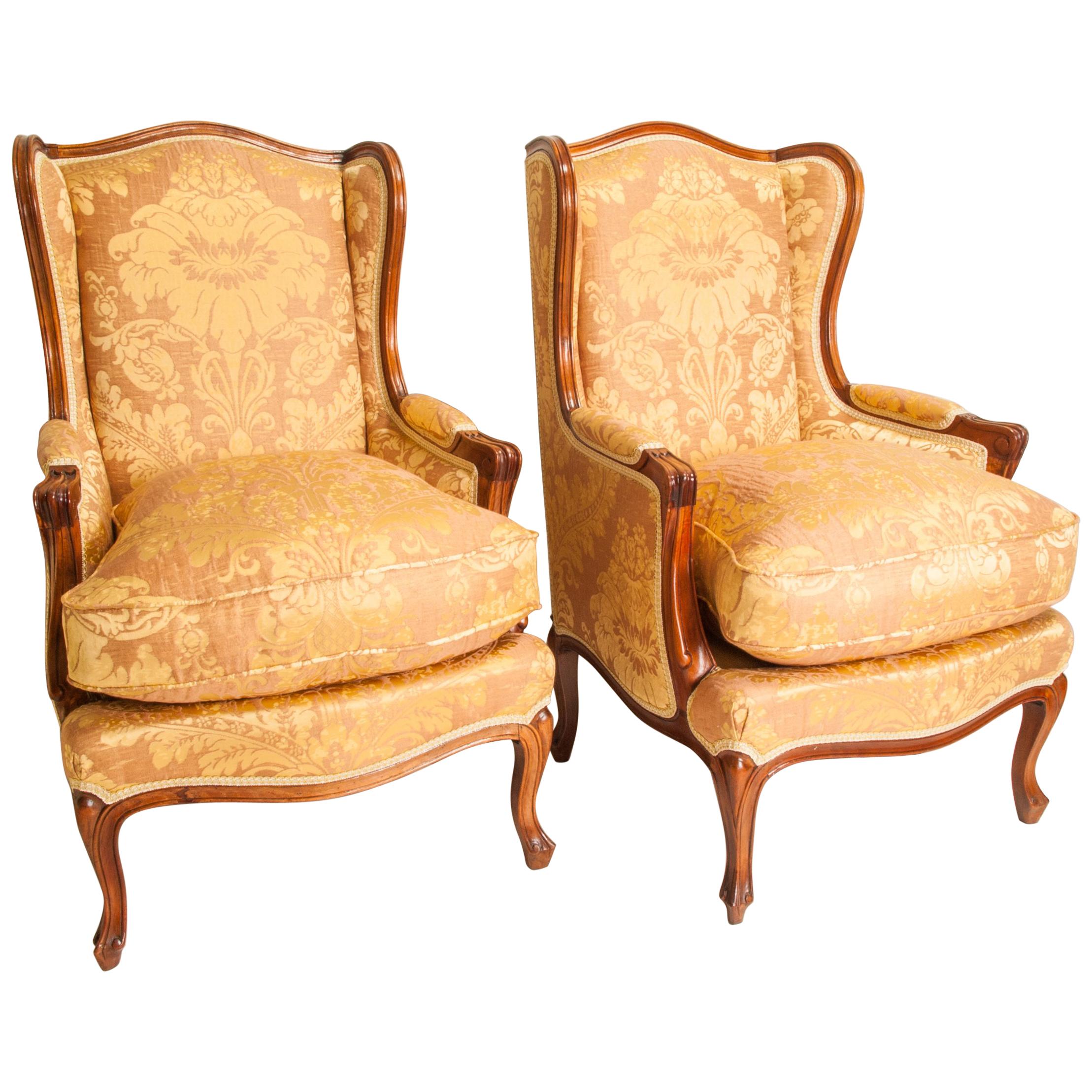 Pair of Louis XV Style Walnut Framed Wing Back Armchairs For Sale