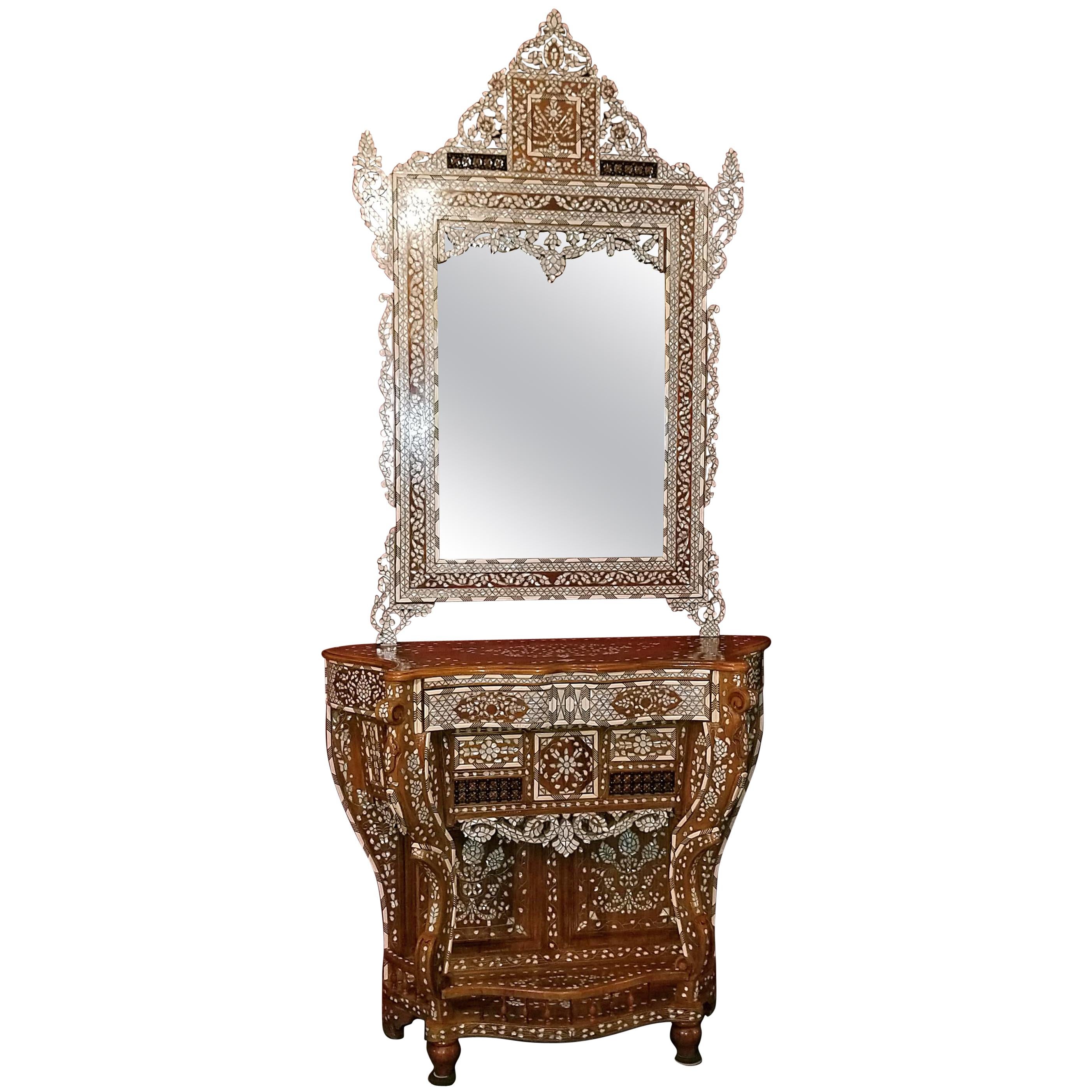 Moroccan Bone and Mother of Pearl Inlaid Console Table and Mirror