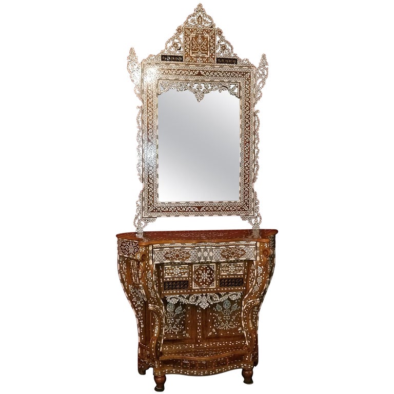 Moroccan Bone and Mother of Pearl Inlaid Console Table and Mirror at 1stDibs