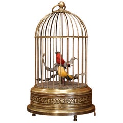 19th Century French Automaton Brass Cage with Two Singing Birds