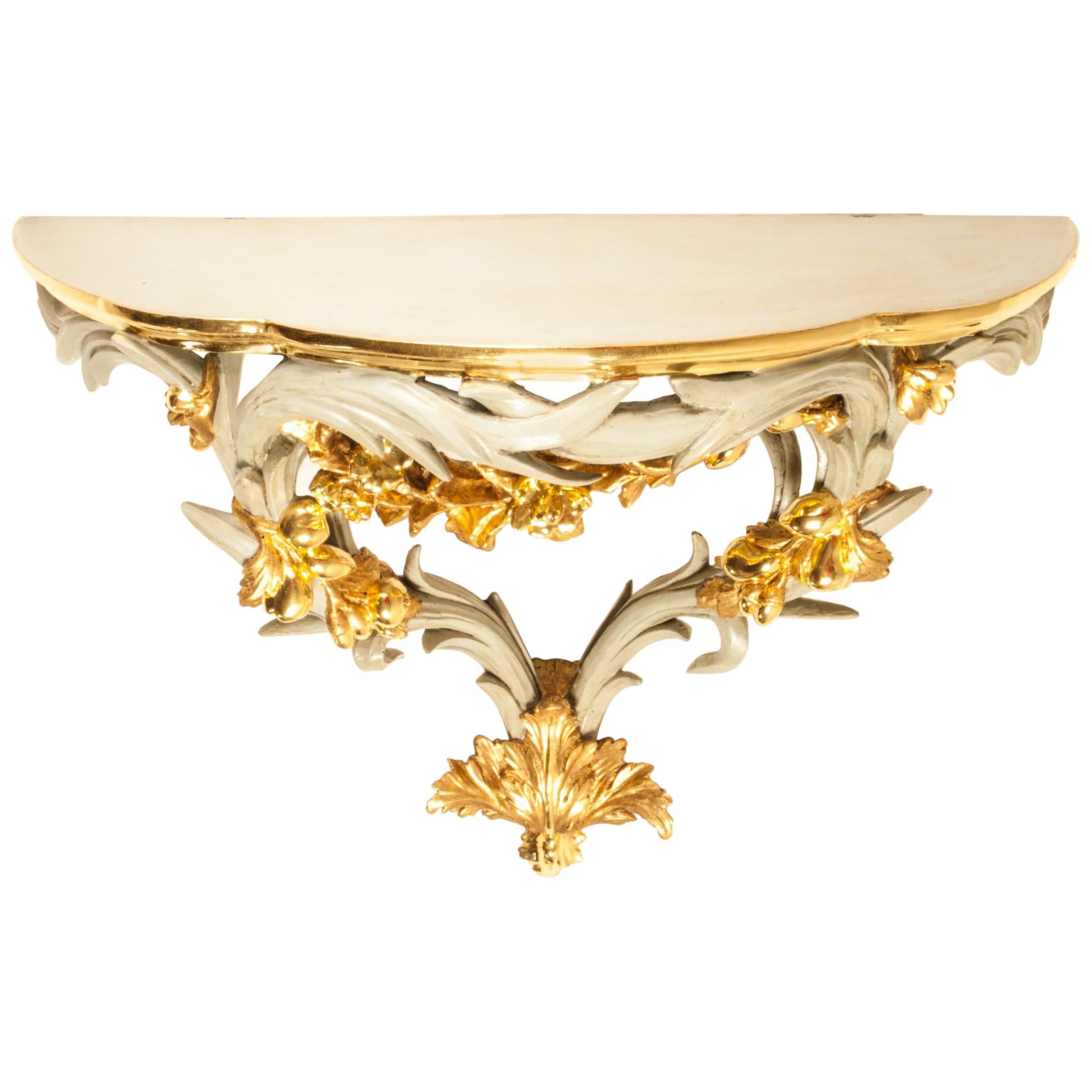 Pair of Italian Baroque Polychrome and Partly Gilded Wall Console For Sale