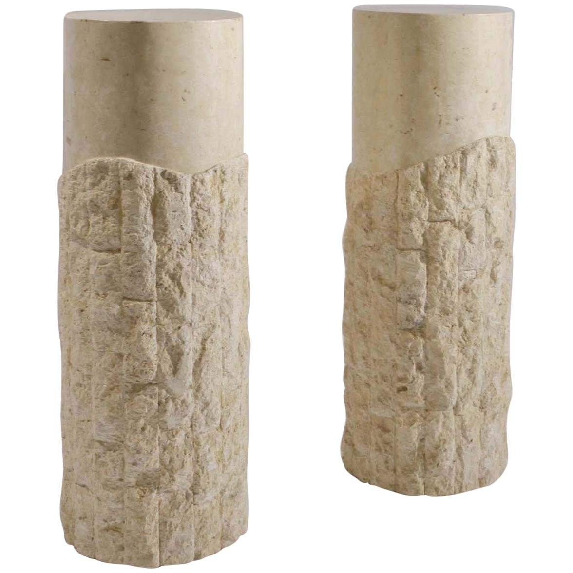 Pair of 1970s Sculptural Round Travertine Textural Pedestals 