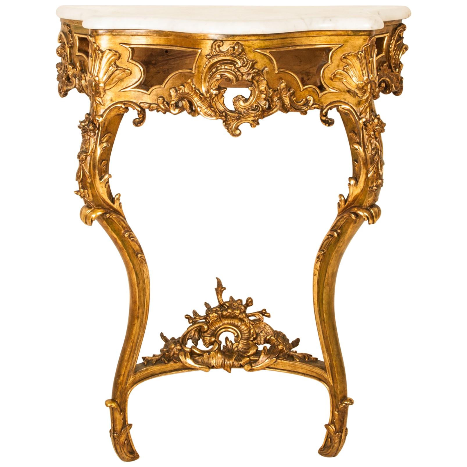 Antique Rococo Style Gilded Marble-Top Console For Sale