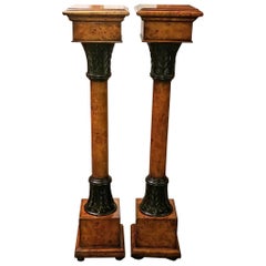 Pair of Biedermeier Style Burl Yewood and Bronze Mounted Pillars