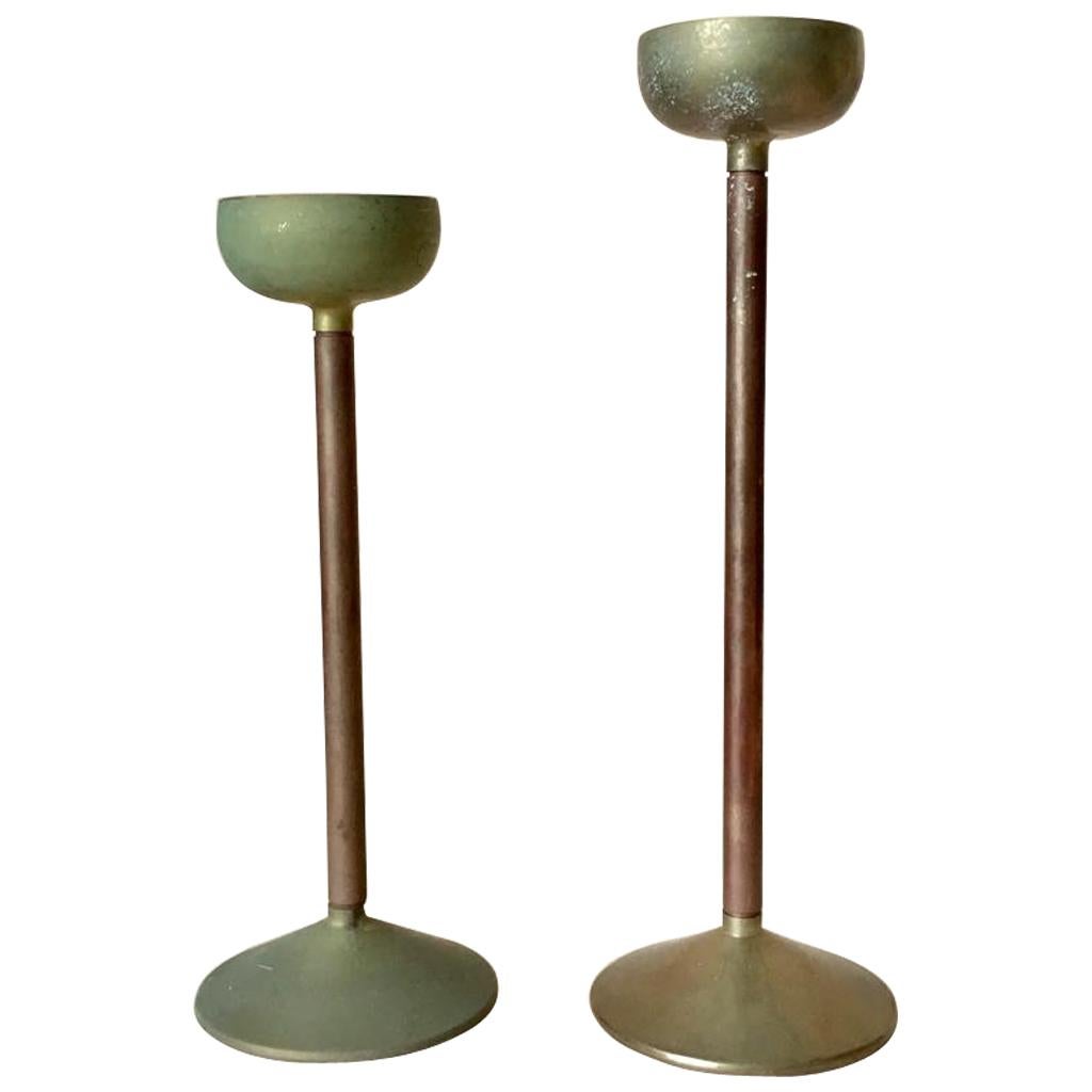 Set of Two Art Deco German Copper and Brass Candleholders, 1930s For Sale