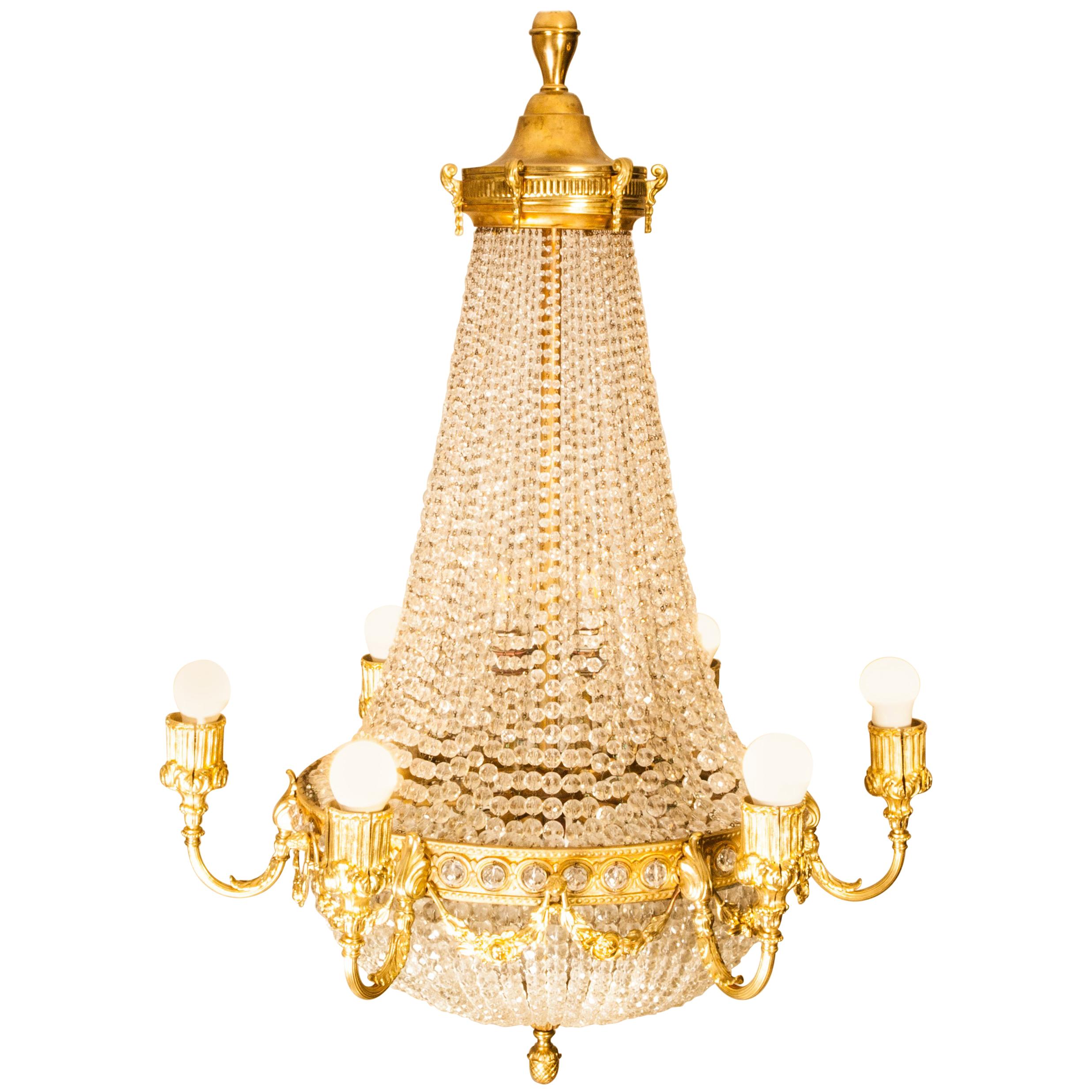 Late 19th Century Viennese Gilt-Bronze Crystal Beaded Basket Chandelier For Sale