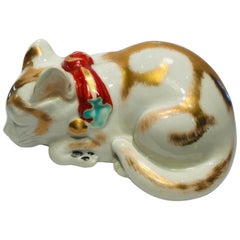 Antique Kutani Japanese Porcelain Sleeping Kitten circa 1920s Handmade Hand Painted