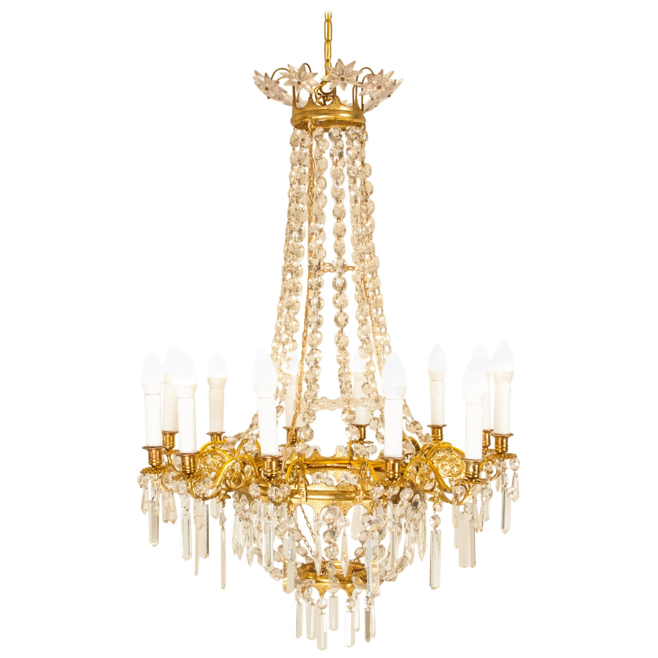 French Empire Gilt-Bronze and Hand-Cutted Crystal Chandeliert For Sale