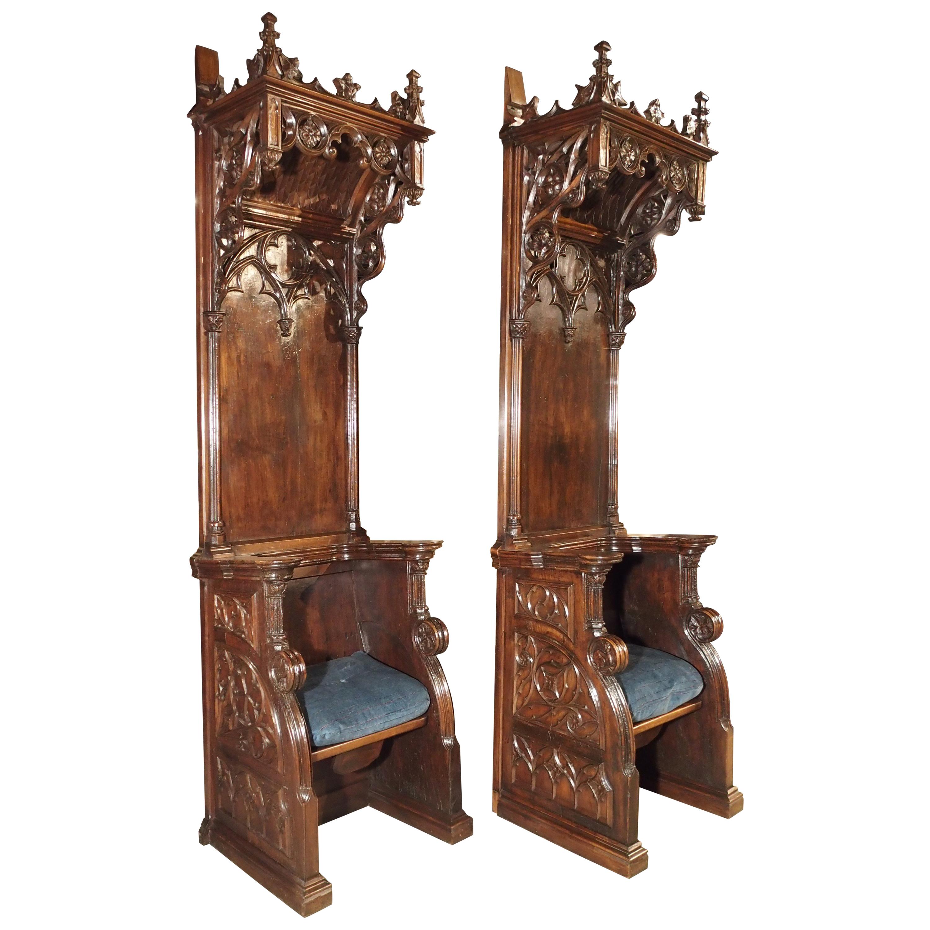 Rare Pair of Antique Gothic Walnut Wood Cathedral Chairs from France