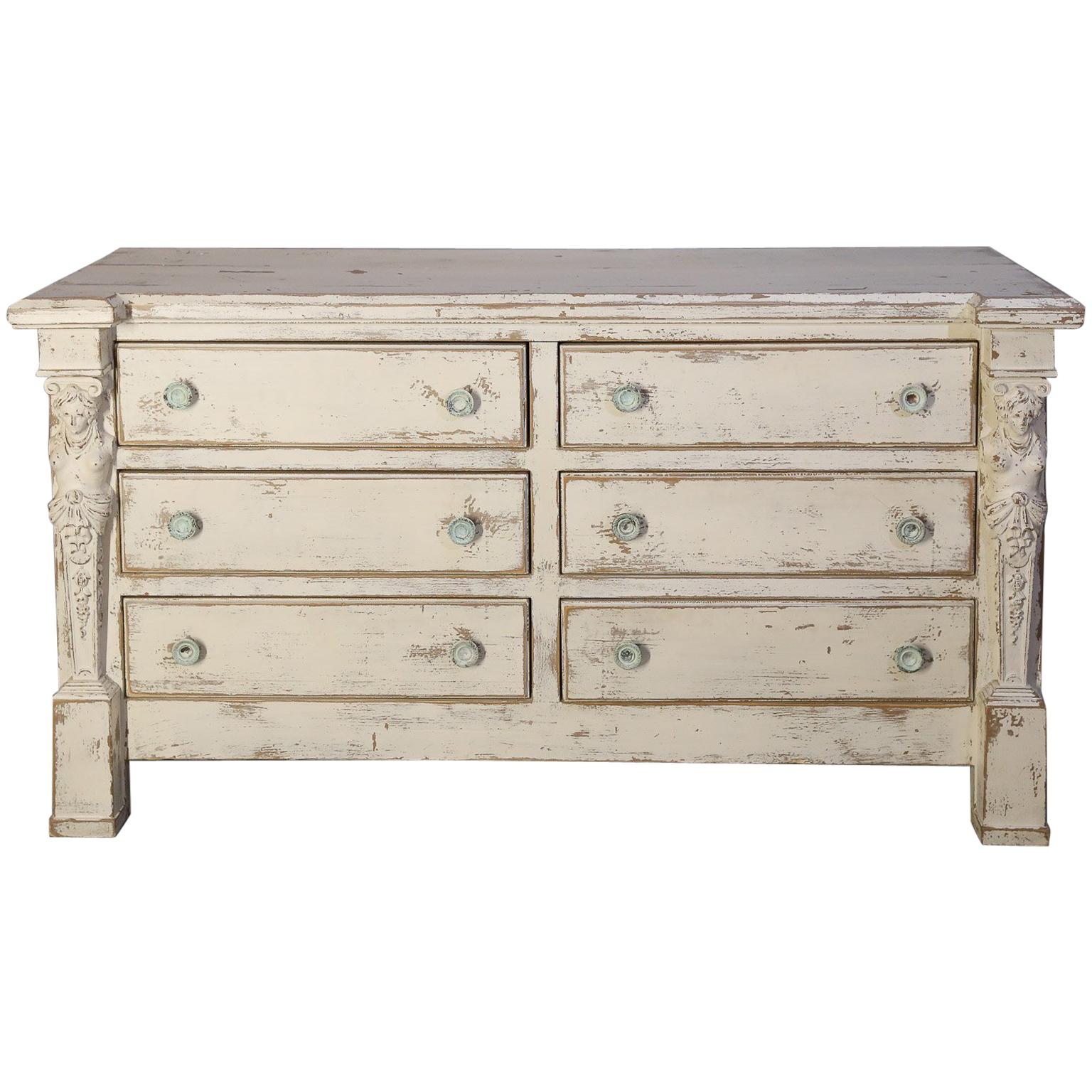 Distressed  Neoclassical-style White Painted Chest of Drawers For Sale